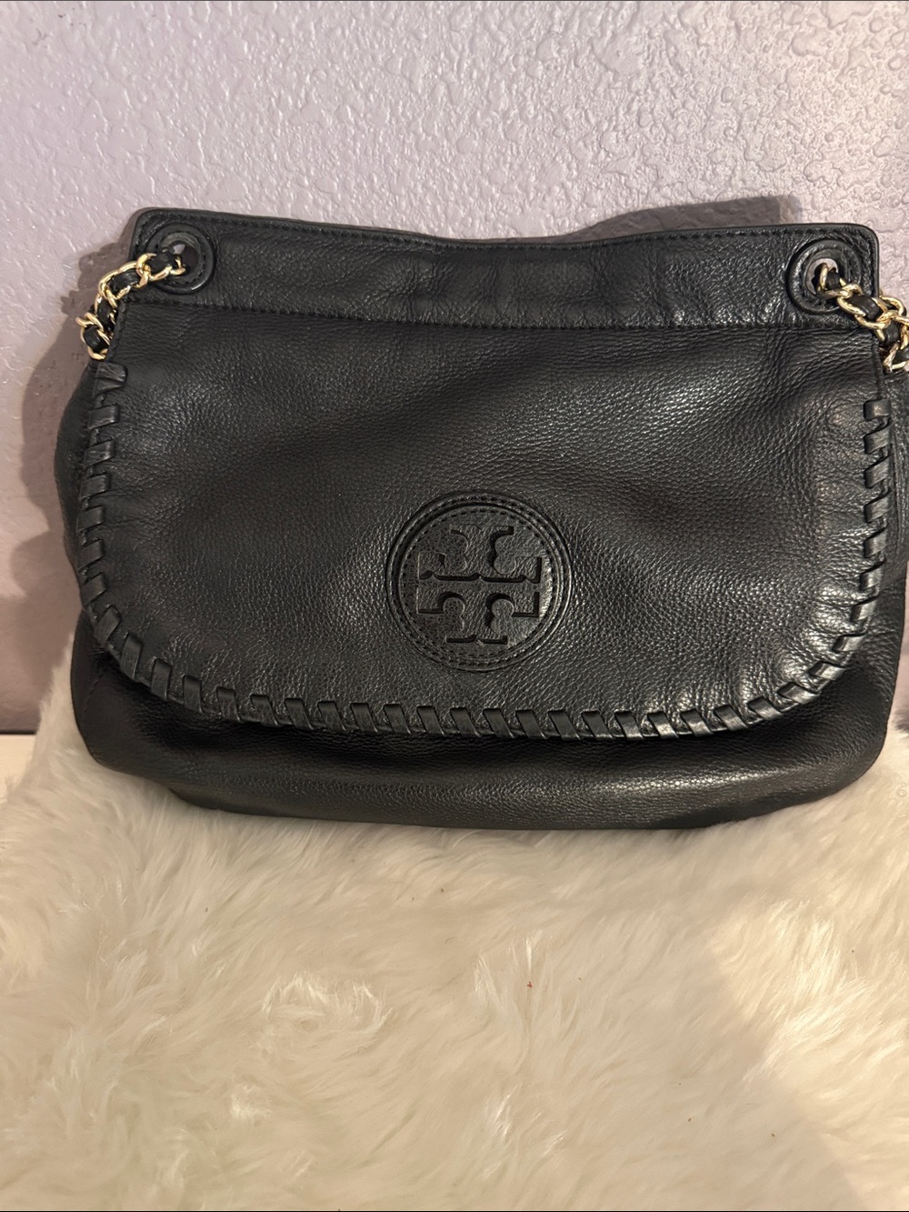 Tory Burch Black Leather Whipstitch Flap Crossbody with Gold Chain